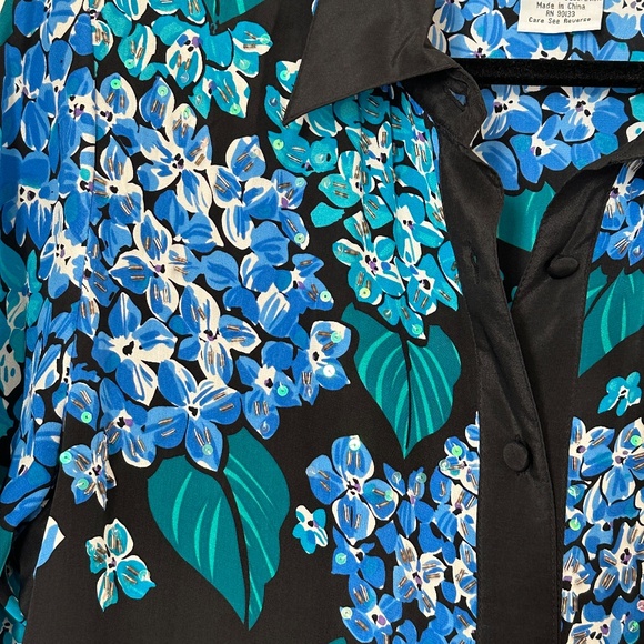 Bob Mackie Vintage 100% Silk Jeweled Blouse Black Blue Size Medium M - Picture 2 of 6